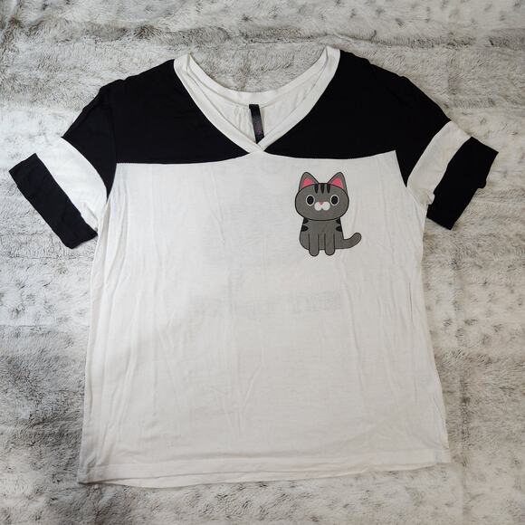 Electric Pink Black and White Graphic V Neck Cute Kitty Nope Not Today Top - M - Picture 1 of 7